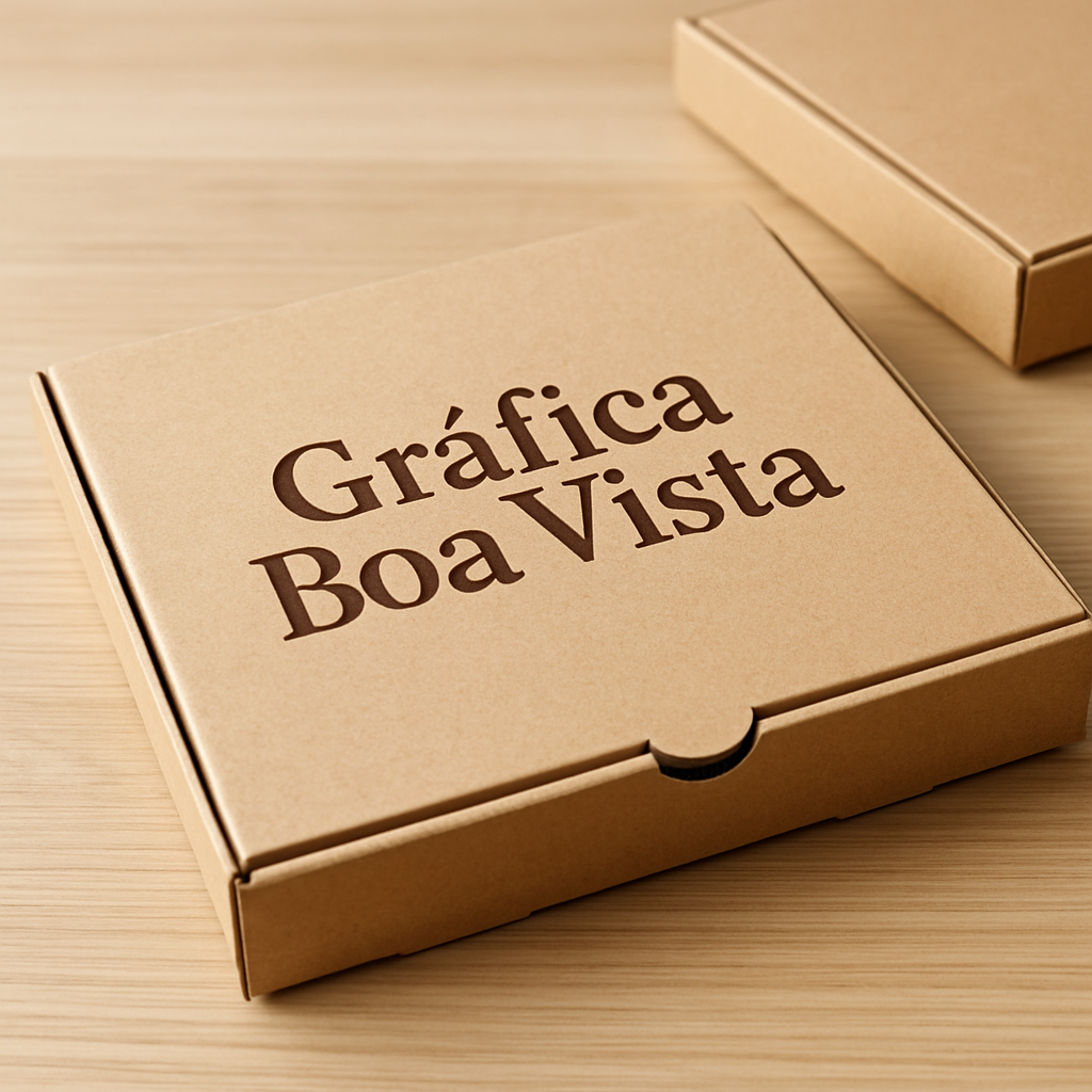 Caixas de pizza personalizadas empilhadas em uma gráfica, com visual profissional e acabamento de qualidade