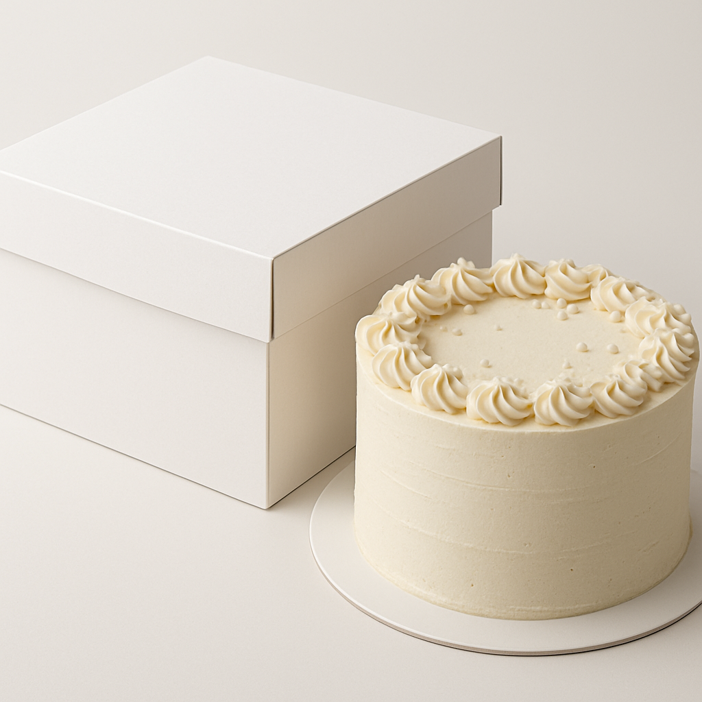 Caixa para bolo de qualidade ao lado de um bolo decorado, em foto de produto profissional