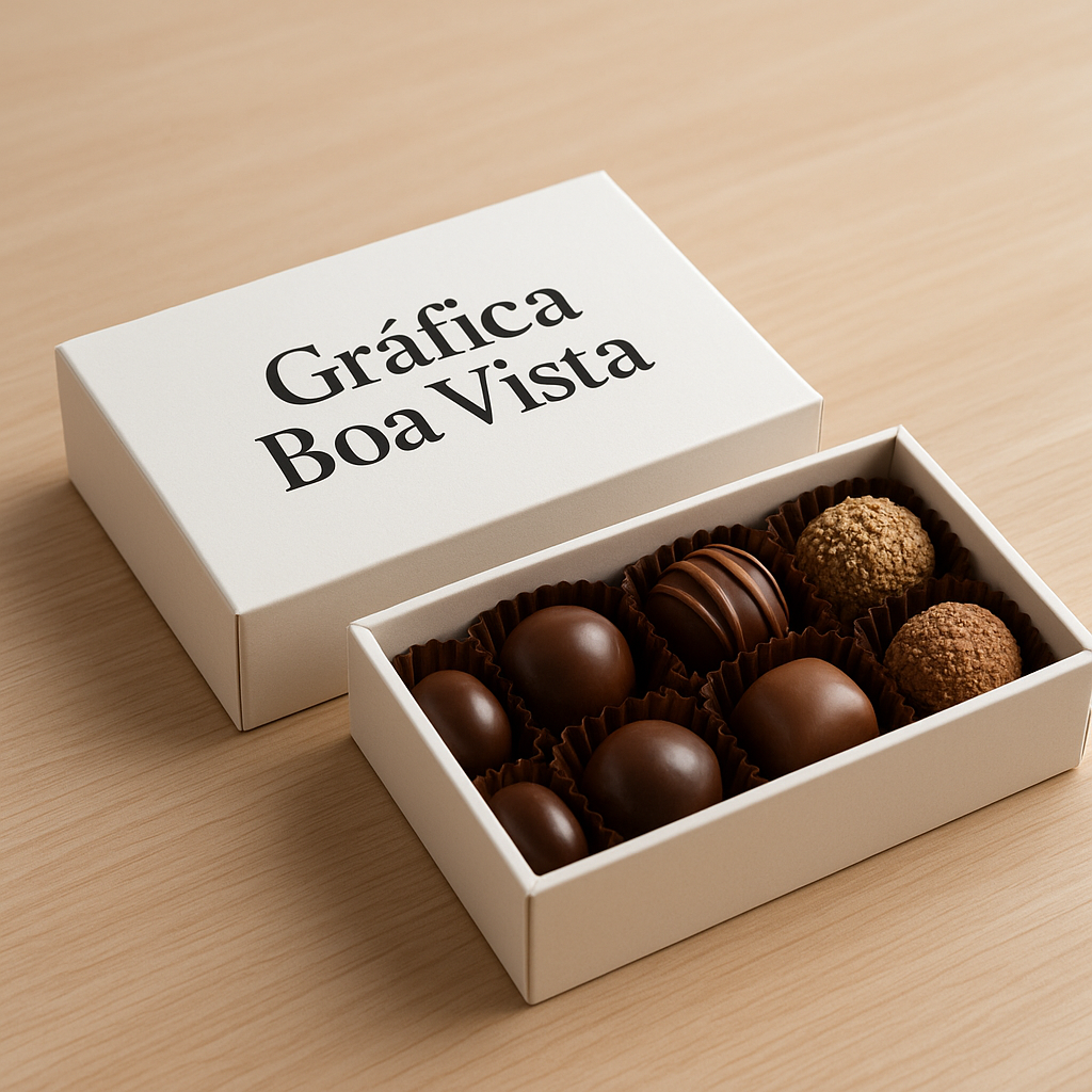 Caixa para doces personalizada em ambiente de estúdio, com doces variados e acabamento elegante