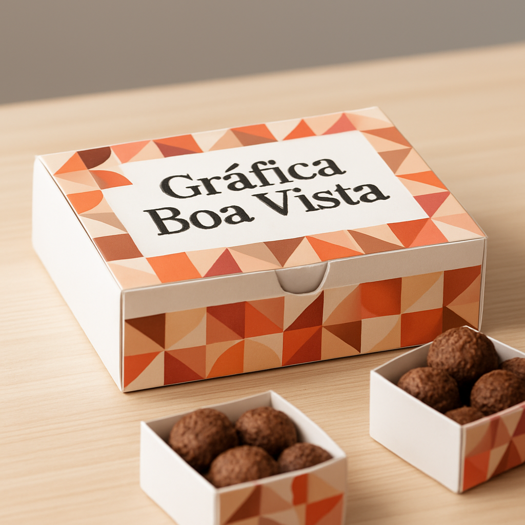 Caixa para doces personalizada em ambiente de estúdio, com doces variados e acabamento elegante