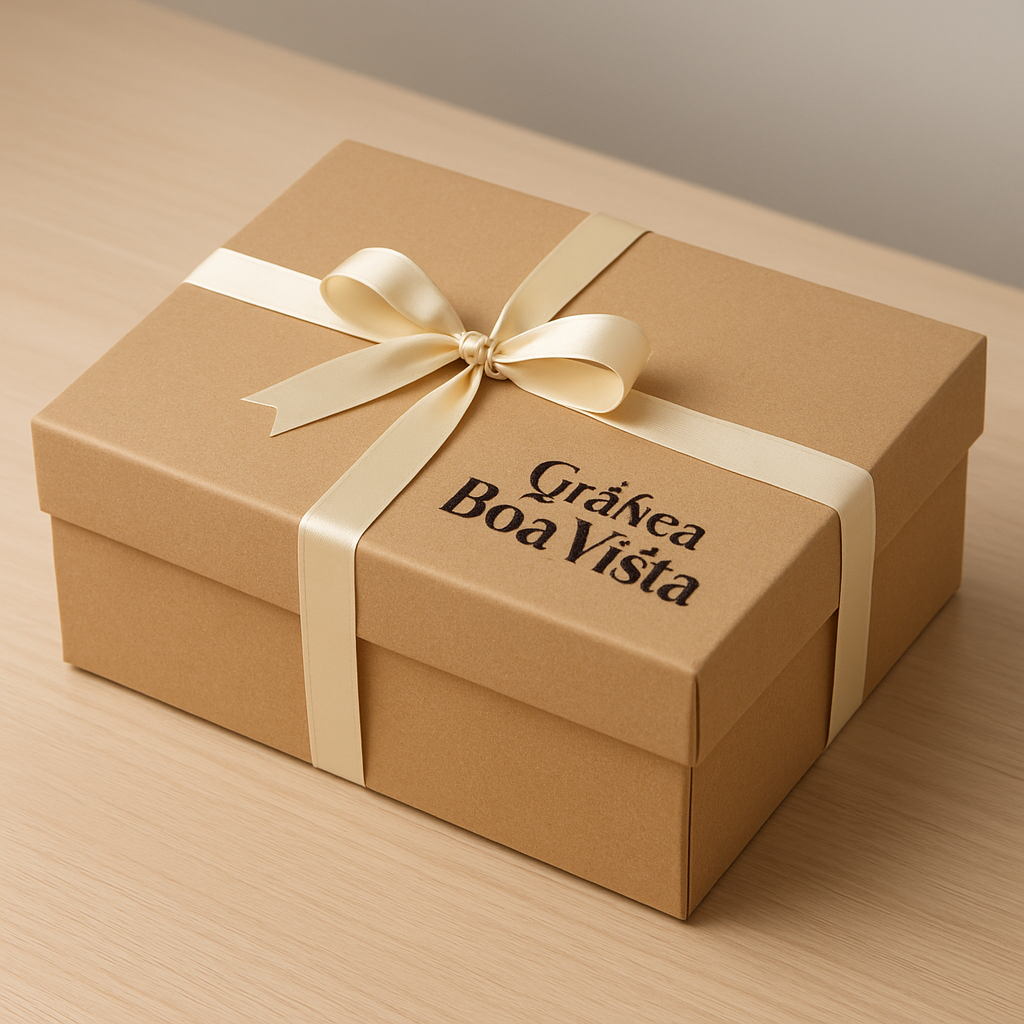 Caixa para presente personalizada em ambiente de estúdio, com acabamento premium e visual elegante