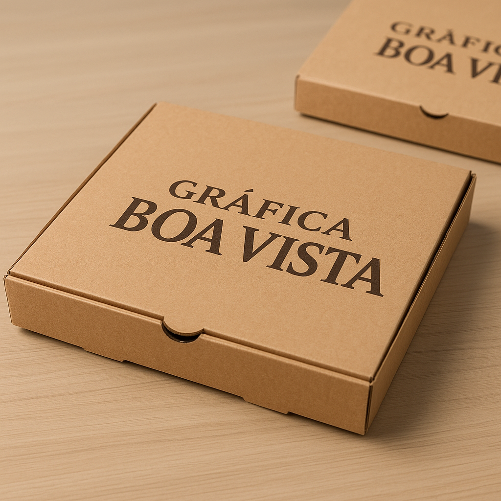 Caixas de pizza personalizadas empilhadas em uma gráfica, com acabamento profissional