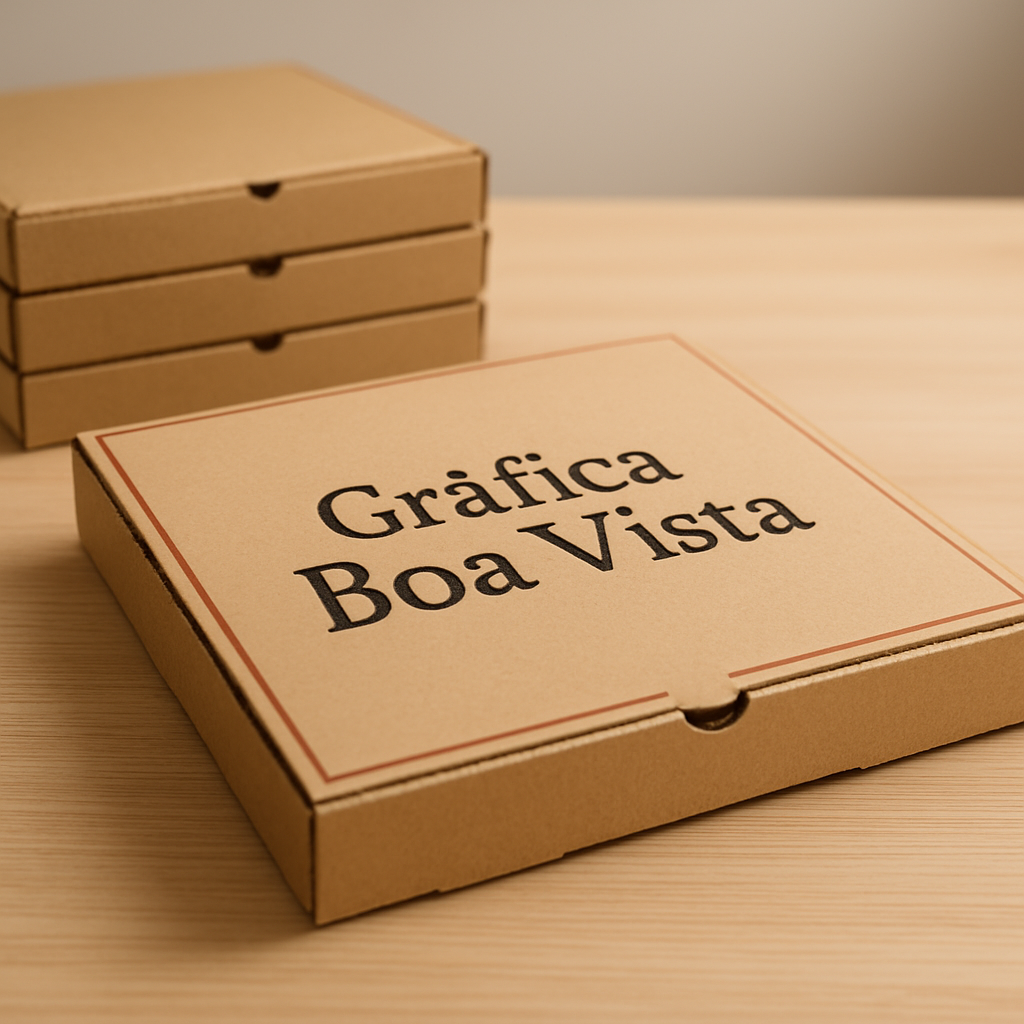 Caixas de pizza personalizadas empilhadas em uma gráfica, com acabamento profissional