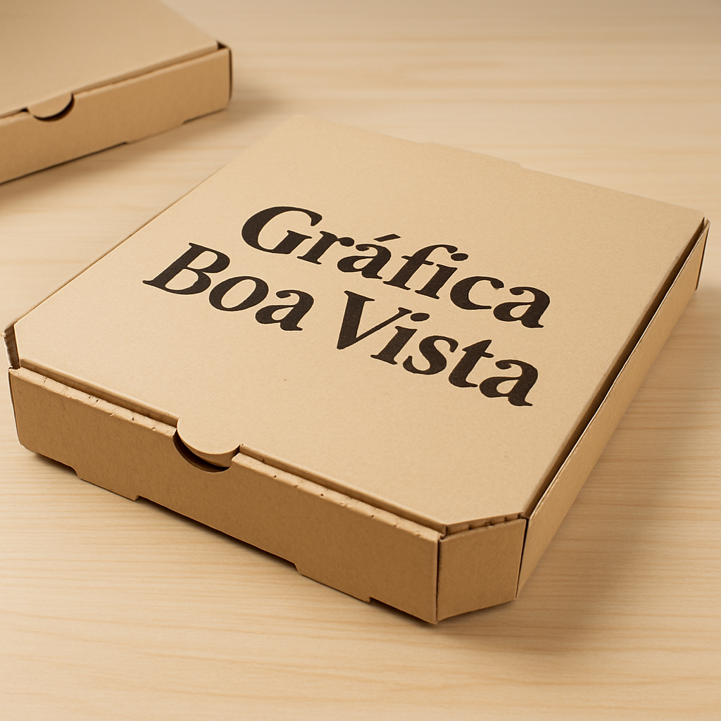 Caixas de pizza personalizadas empilhadas em uma gráfica, com acabamento profissional
