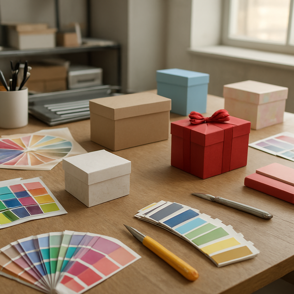 Ambiente de gráfica com amostras de caixas para presente e materiais de produção