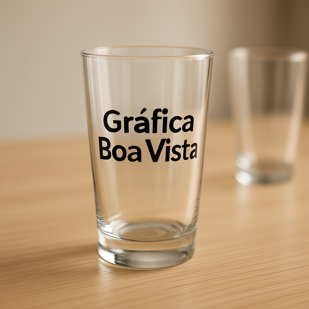 Copo Long Drink personalizado exposto em ambiente de gráfica, com foco em materiais e acabamentos