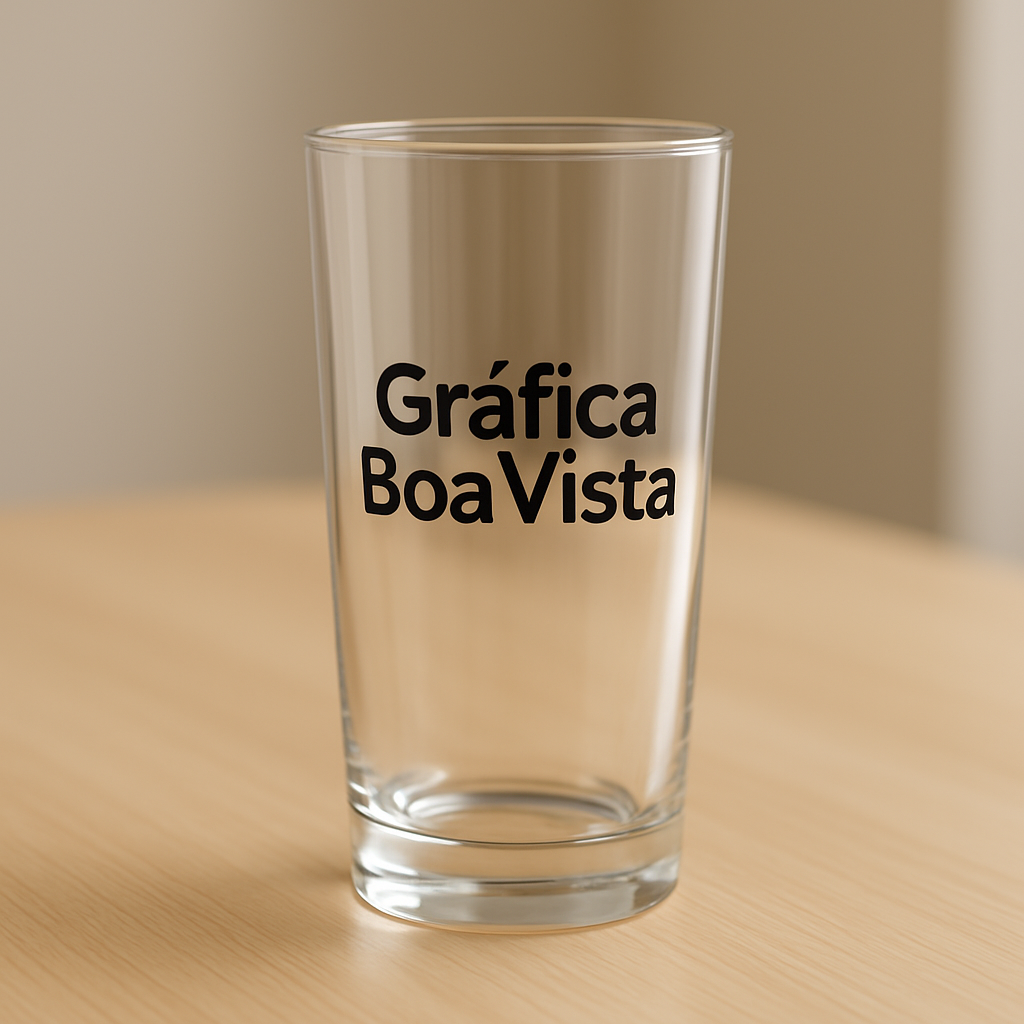 Copo Long Drink personalizado exposto em ambiente de gráfica, com foco em materiais e acabamentos