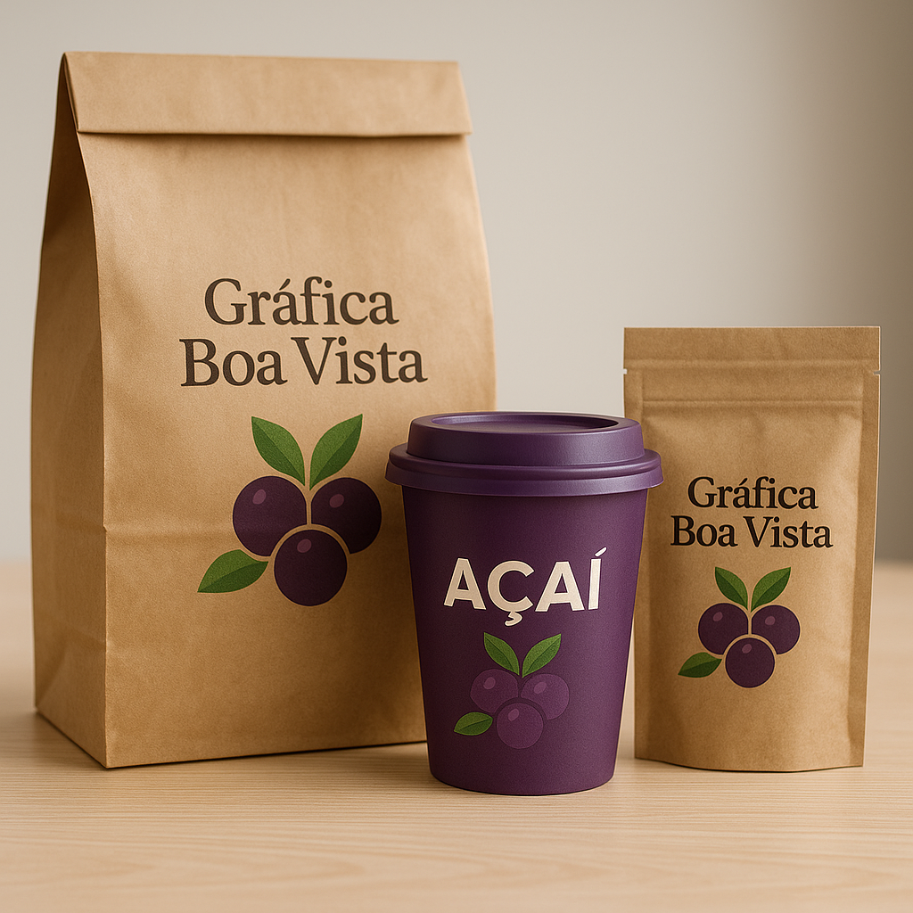 Embalagem para açaí personalizada em ambiente de gráfica, com visual profissional e cores vivas