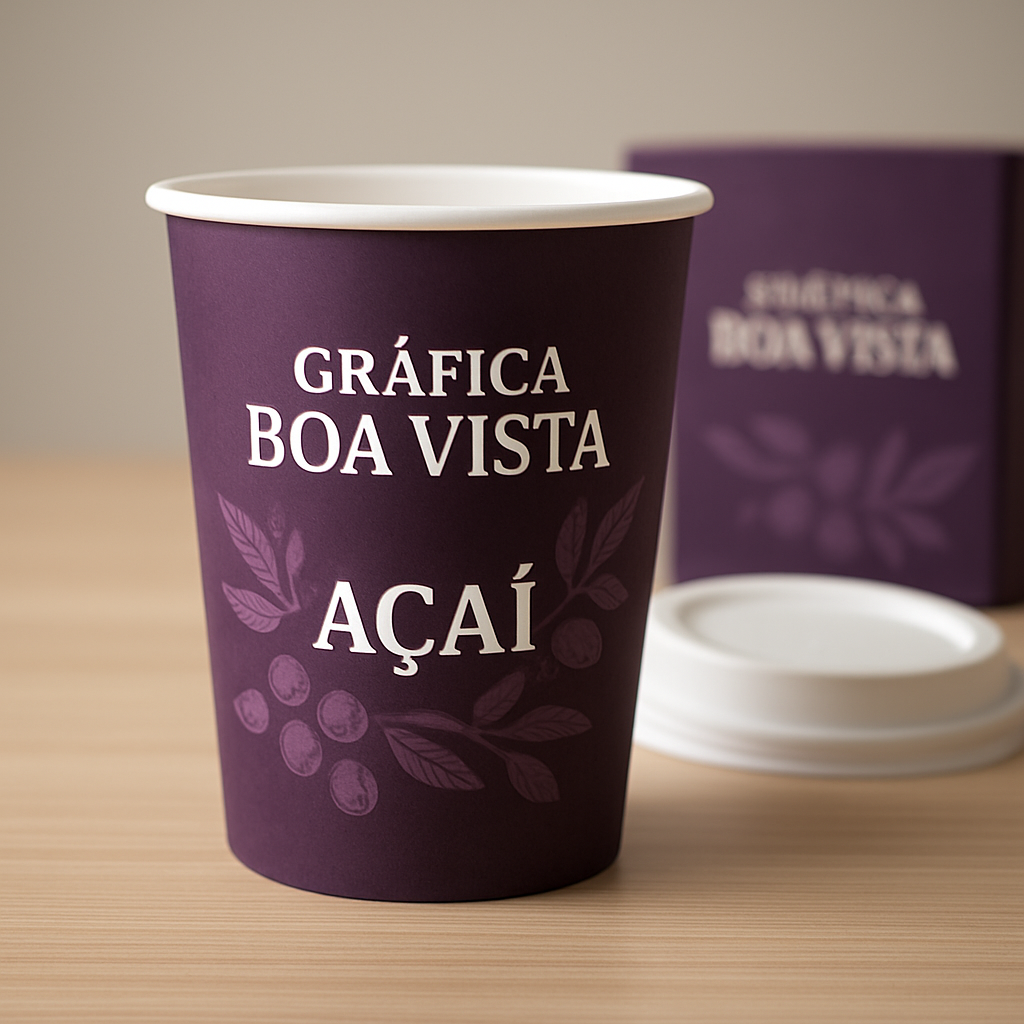 Embalagem para açaí personalizada em ambiente de gráfica, com visual profissional e cores vivas