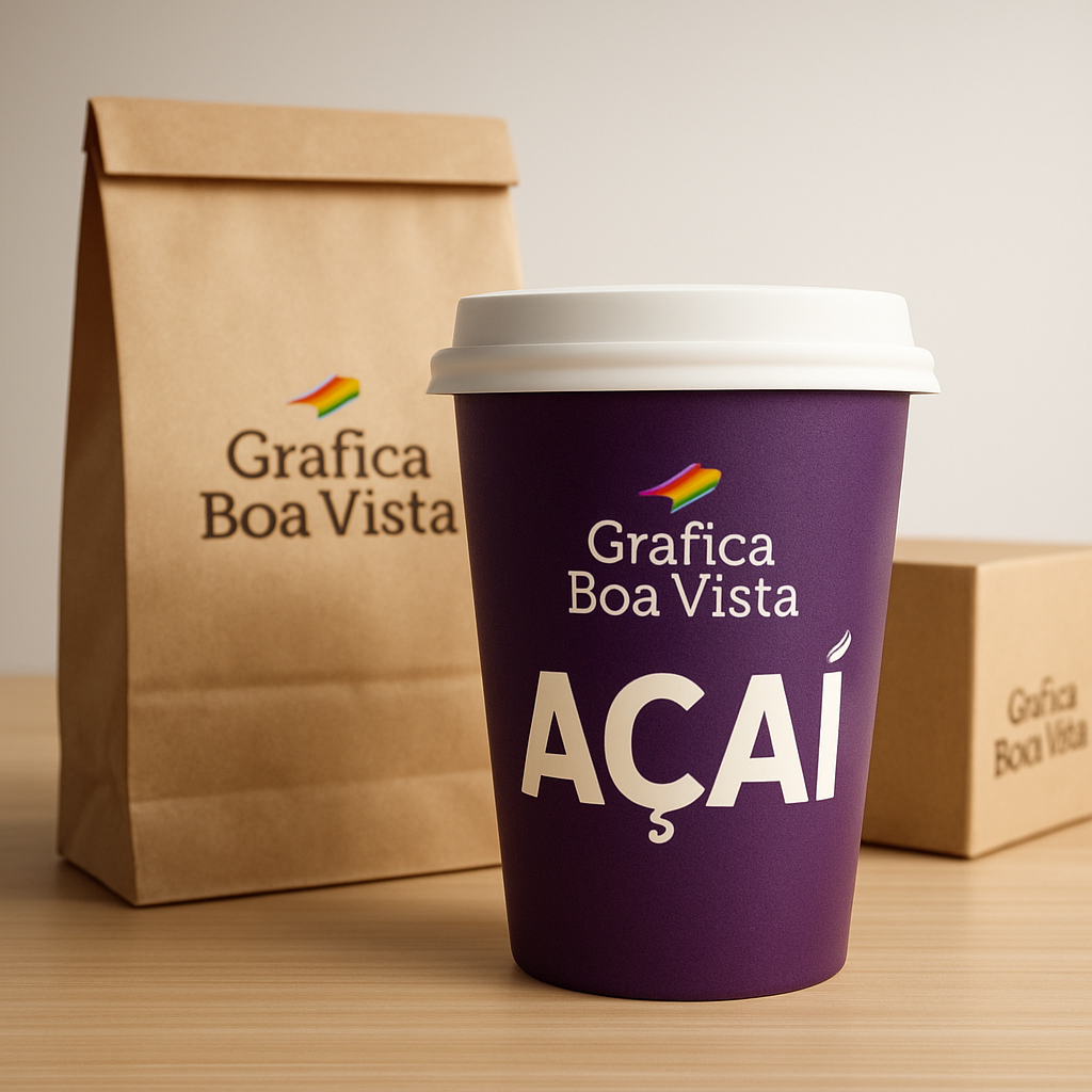 Embalagem para açaí personalizada em ambiente de gráfica, com visual profissional e cores vivas