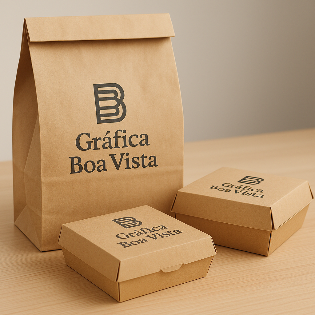 Embalagens personalizadas para delivery em mesa de estúdio, com caixas para alimentos e visual profissional