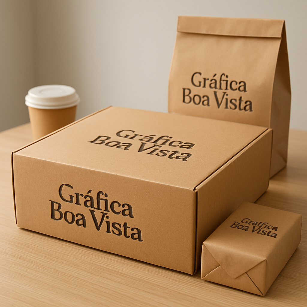 Embalagens personalizadas para delivery em mesa de estúdio, com caixas para alimentos e visual profissional