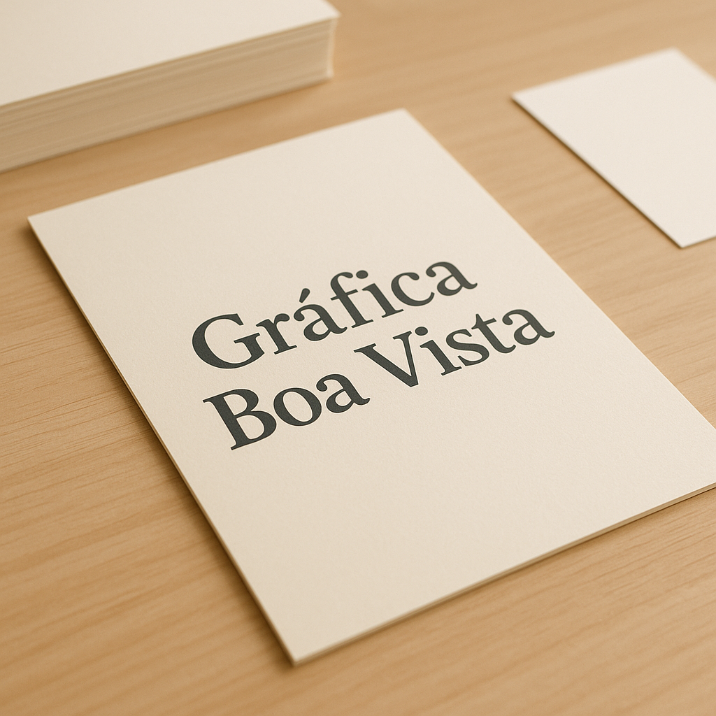 Mesa de gráfica com amostras de papel, folhetos impressos e revisão de arte para folheto