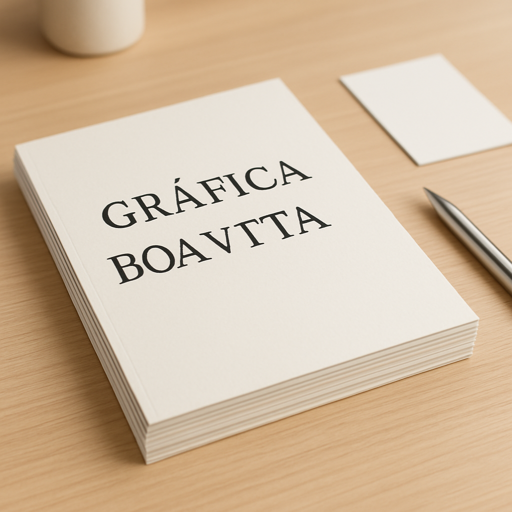 Mesa de gráfica com amostras de papel, folhetos impressos e revisão de arte para folheto