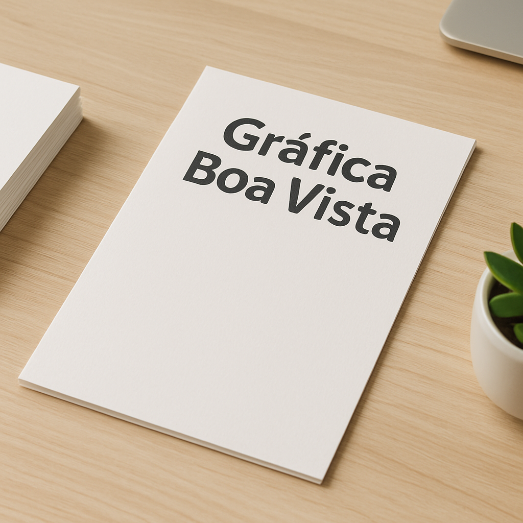 Mesa de gráfica com amostras de papel, folhetos impressos e revisão de arte para folheto