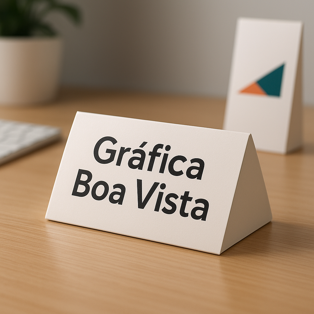 Prisma de mesa personalizado sobre balcão de atendimento em ambiente profissional