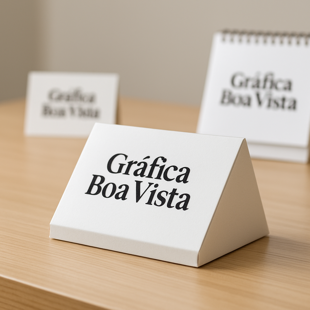 Prisma de mesa personalizado sobre balcão de atendimento em ambiente profissional