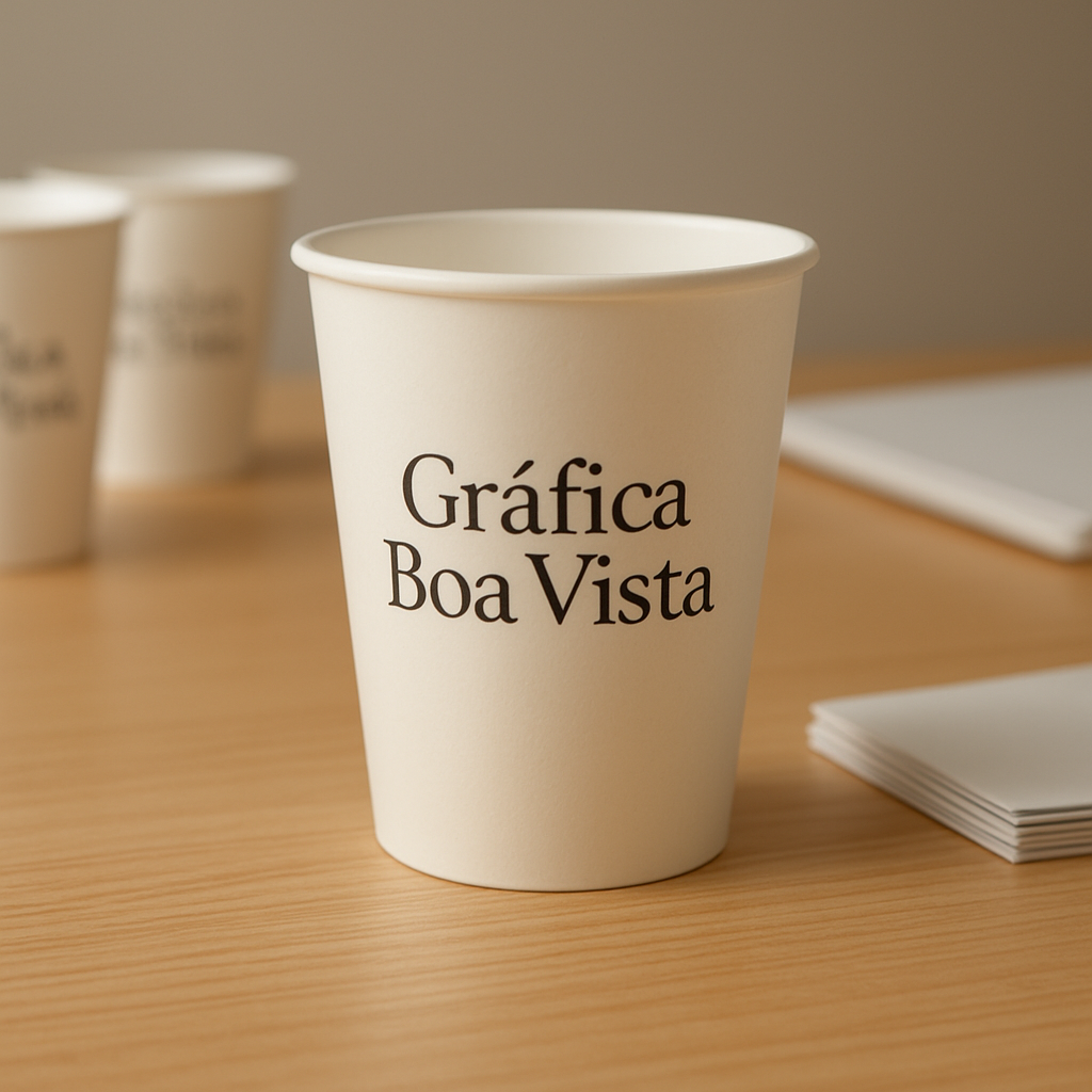 Copo de papel personalizado com impressão de marca em balcão de café, com visual profissional e moderno