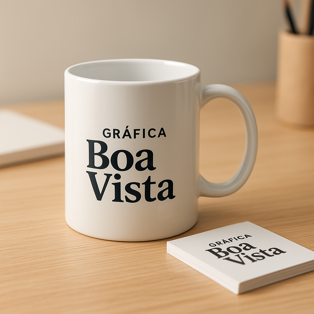 Copo personalizado exposto em uma gráfica profissional, com visual limpo e foco em qualidade