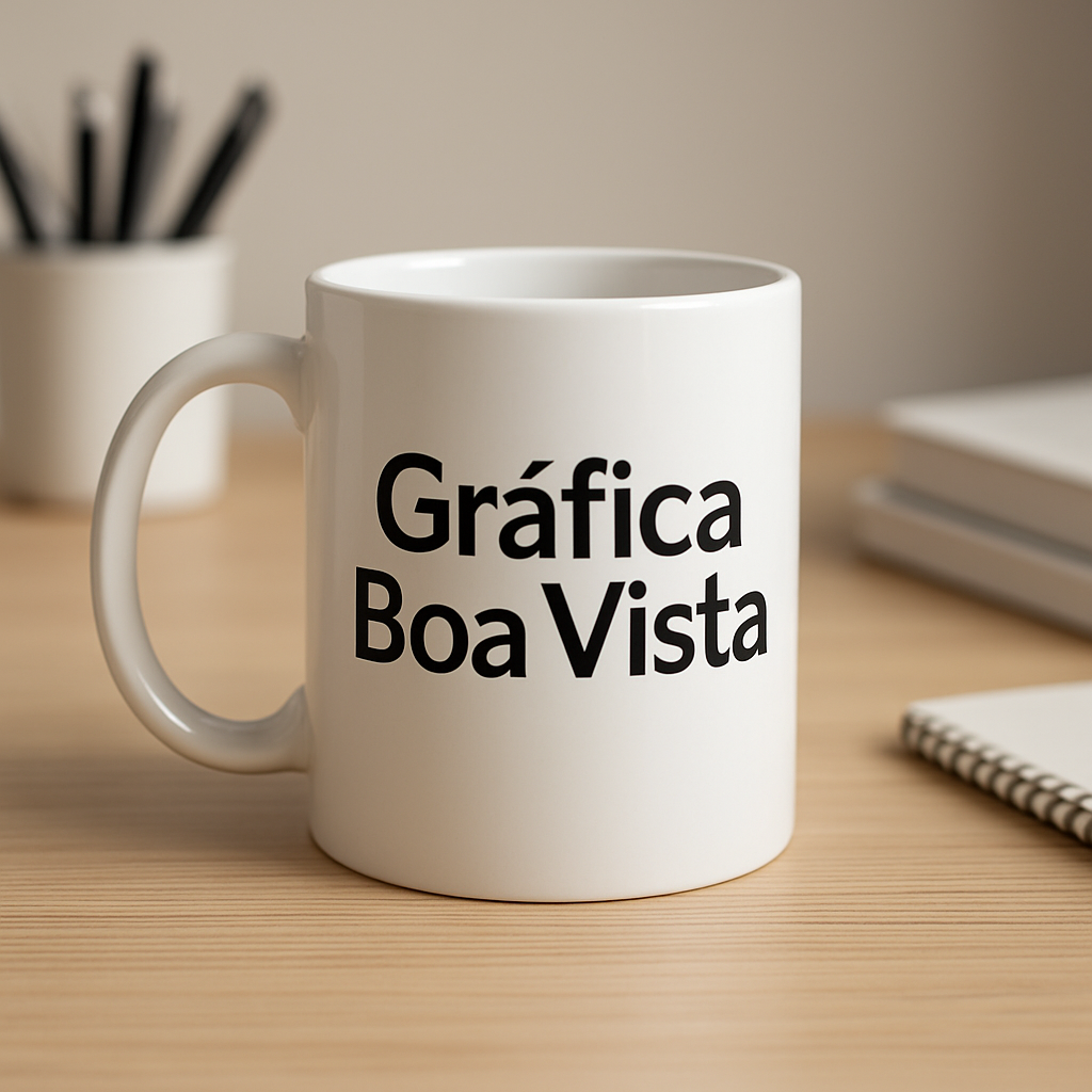 Copo personalizado exposto em uma gráfica profissional, com visual limpo e foco em qualidade