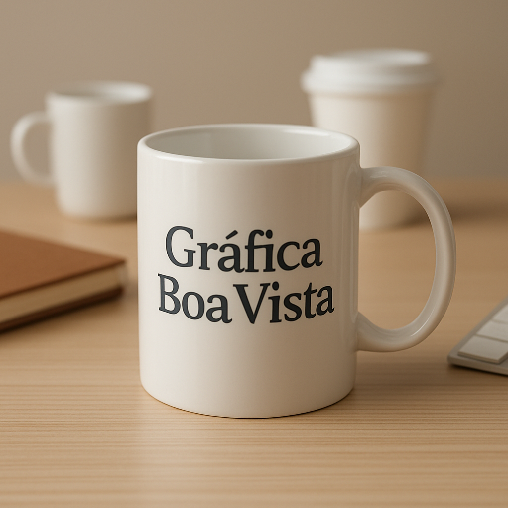 Copo personalizado exposto em uma gráfica profissional, com visual limpo e foco em qualidade