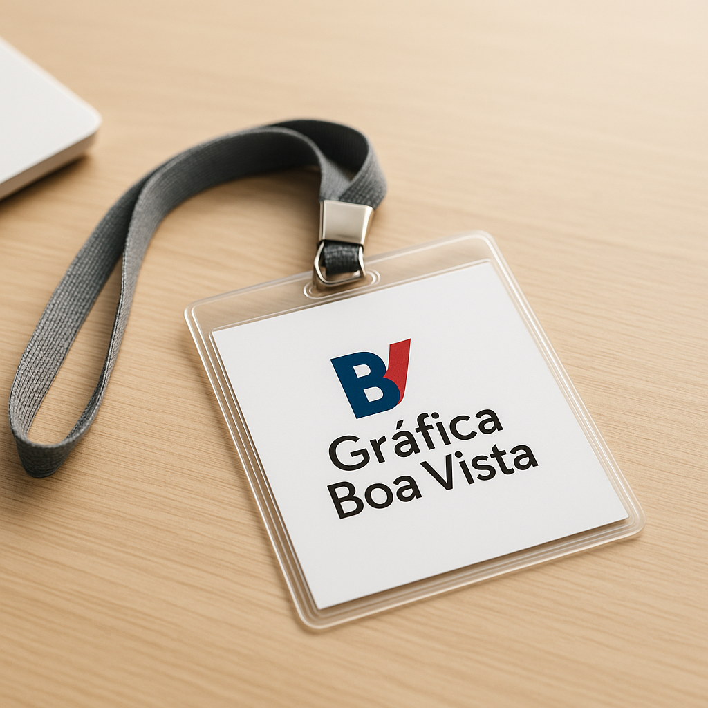 Credenciais para evento organizadas sobre a mesa em uma gráfica, com aparência profissional e pronta para produção