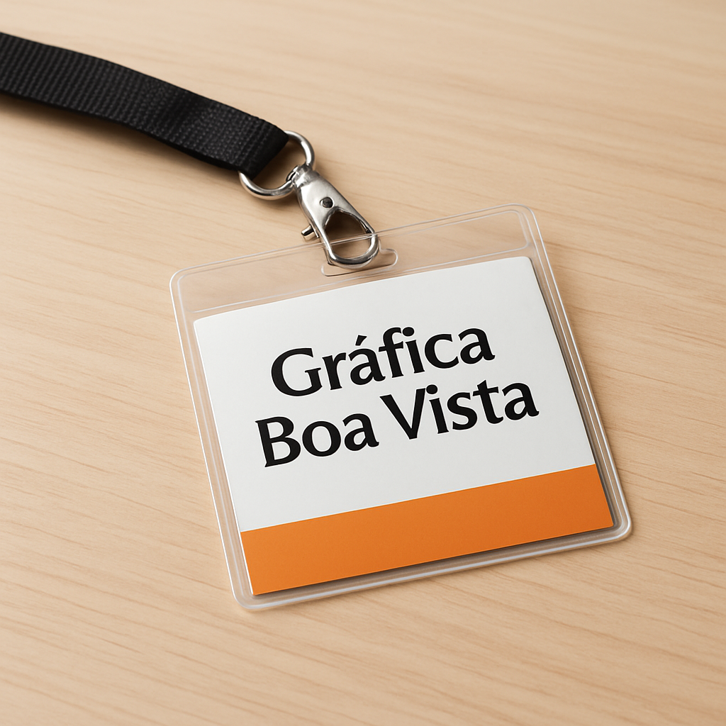 Credenciais para evento organizadas sobre a mesa em uma gráfica, com aparência profissional e pronta para produção