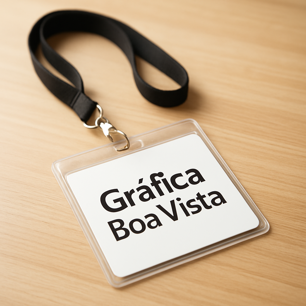 Credenciais para evento organizadas sobre a mesa em uma gráfica, com aparência profissional e pronta para produção