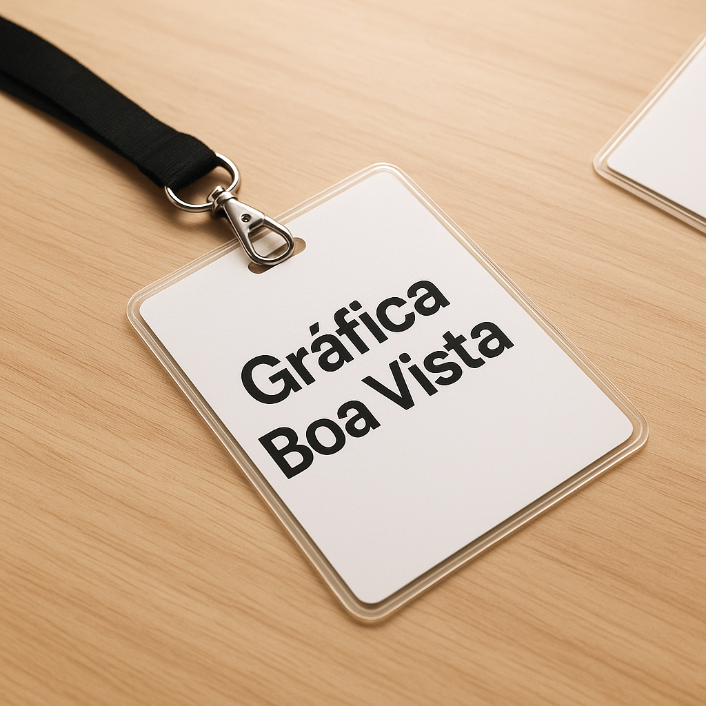 Credenciais para evento personalizadas sobre uma mesa, mostrando materiais e acabamentos profissionais