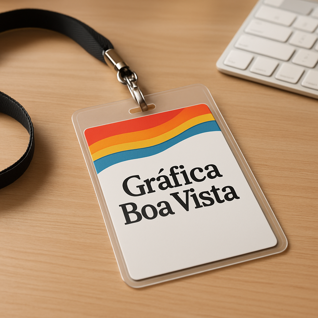 Credenciais para evento personalizadas sobre uma mesa, mostrando materiais e acabamentos profissionais