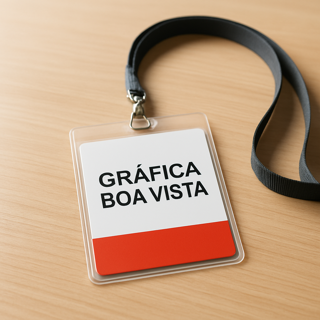 Credenciais para evento personalizadas sobre uma mesa, mostrando materiais e acabamentos profissionais