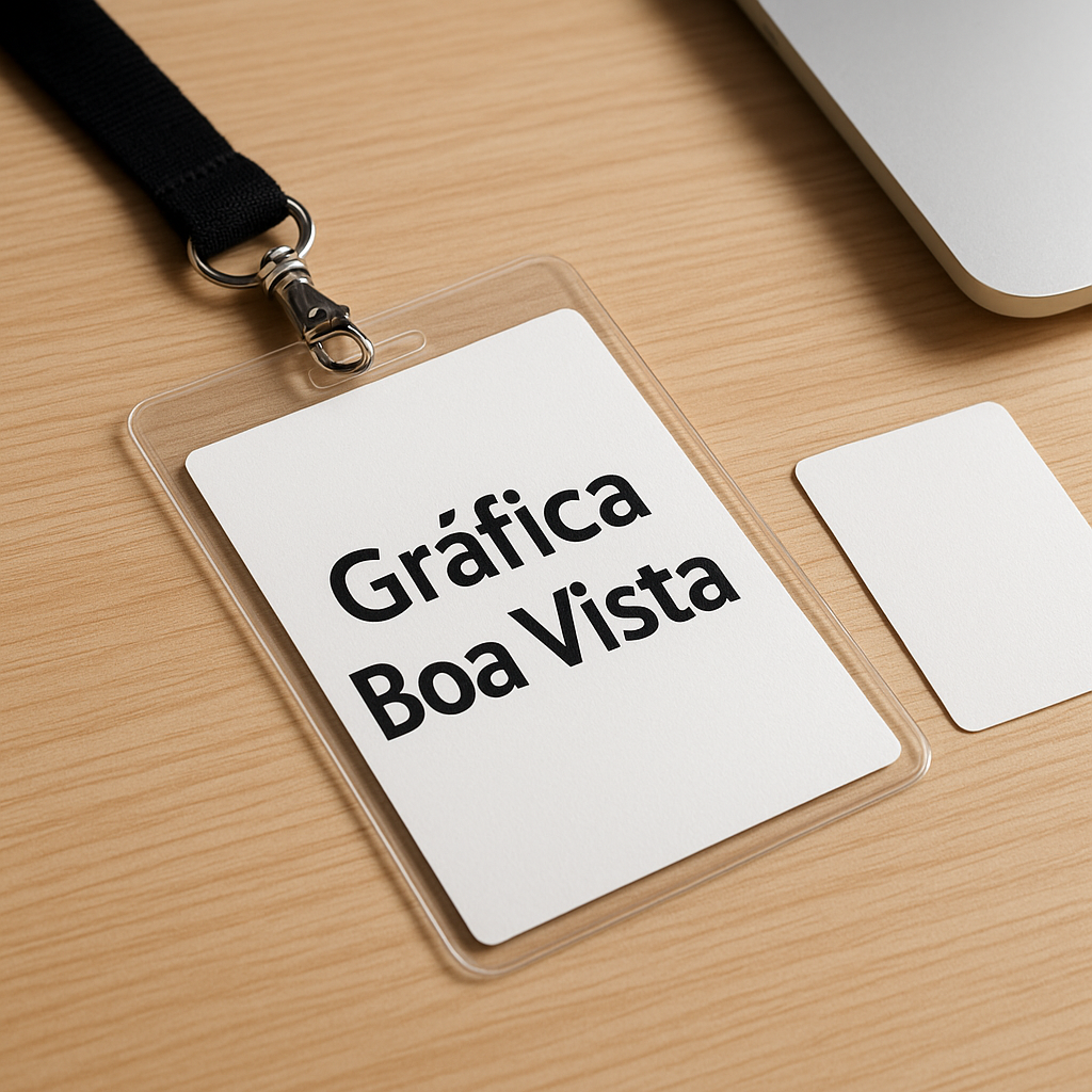 Credenciais personalizadas para evento organizadas sobre uma mesa em ambiente de gráfica profissional