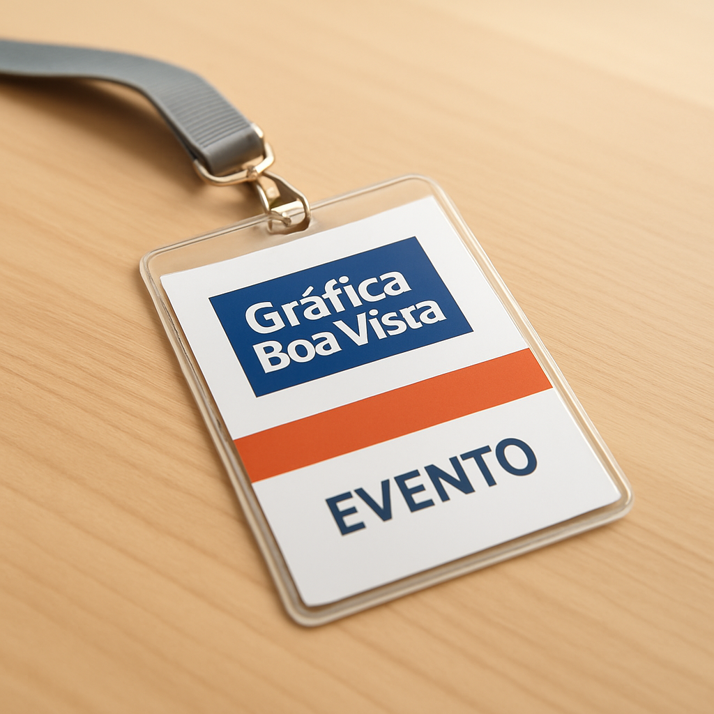Credenciais personalizadas para evento organizadas sobre uma mesa em ambiente de gráfica profissional