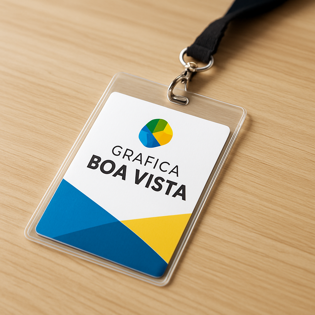 Credenciais personalizadas para evento organizadas sobre uma mesa em ambiente de gráfica profissional