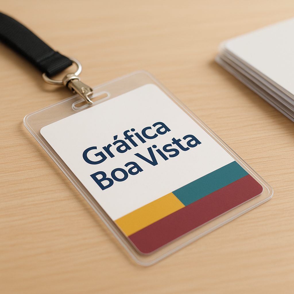 Credenciais para evento organizadas em uma gráfica profissional em Curitiba, com crachás e cordões prontos para uso