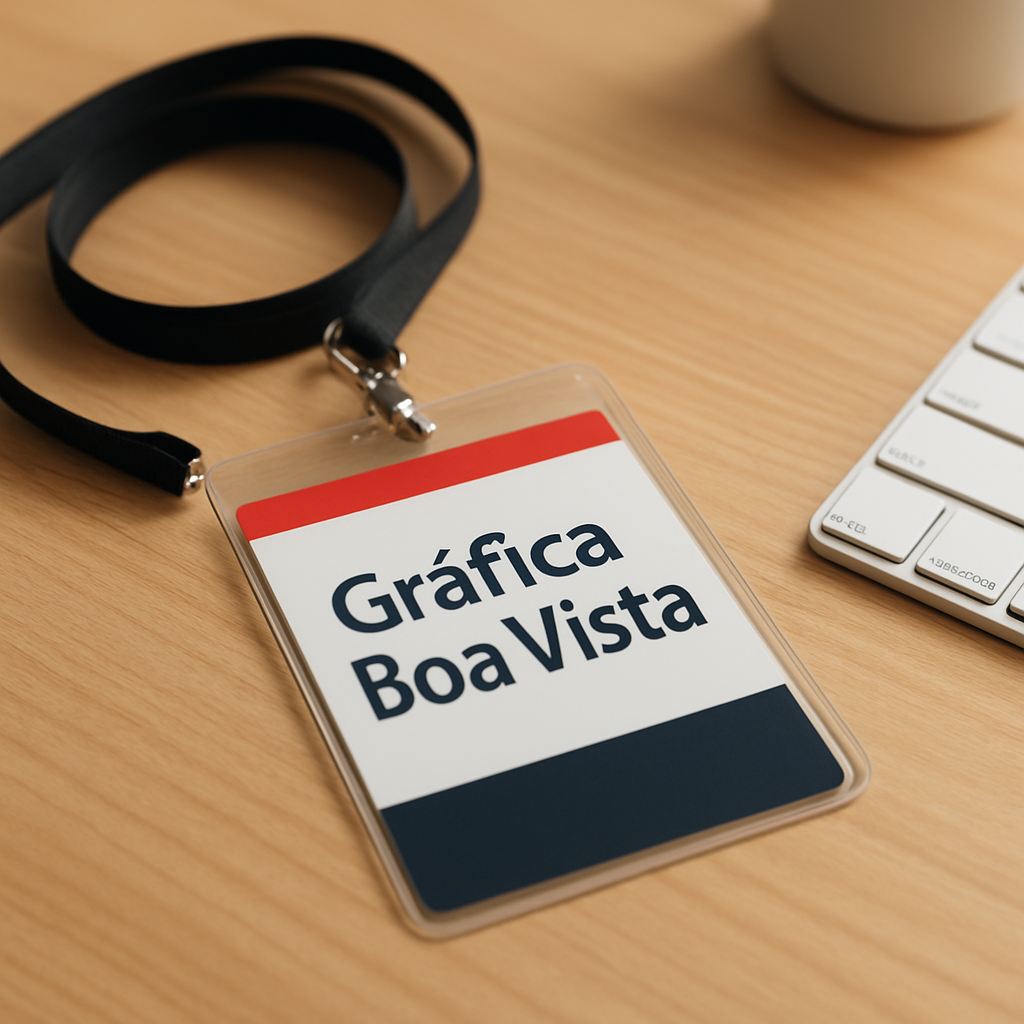 Credenciais para evento organizadas em uma gráfica profissional em Curitiba, com crachás e cordões prontos para uso