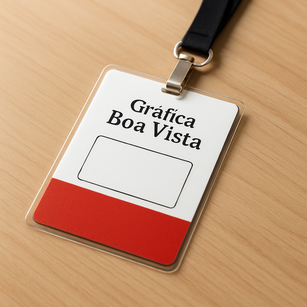 Credenciais para evento organizadas em uma gráfica profissional em Curitiba, com crachás e cordões prontos para uso