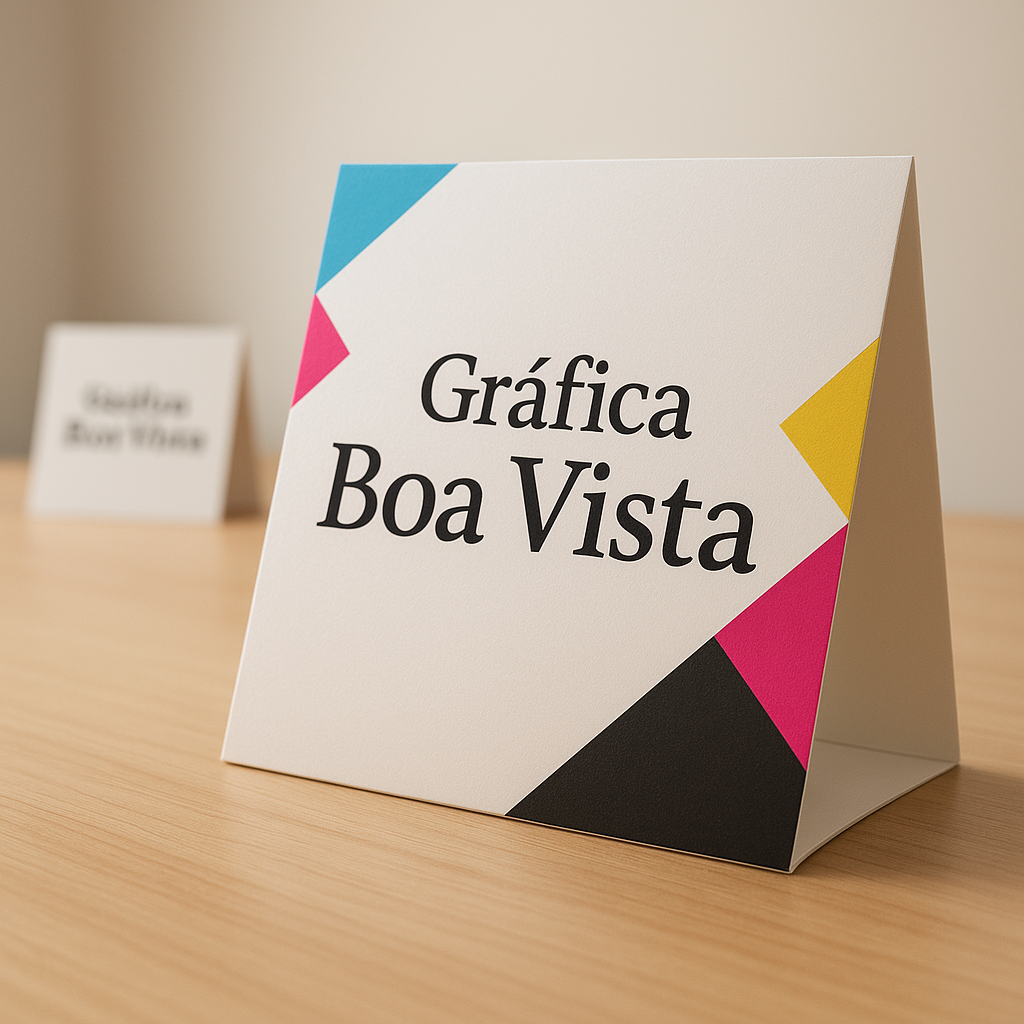 Display de balcão em ambiente de gráfica, usado para exposição promocional sobre uma bancada