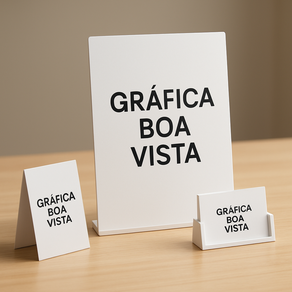 Display de balcão em ambiente de gráfica, usado para exposição promocional sobre uma bancada