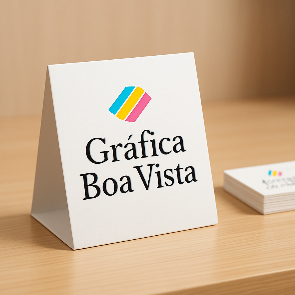 Display de balcão em ambiente de gráfica, usado para exposição promocional sobre uma bancada