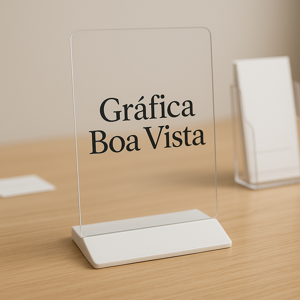 Display de balcão em recepção de clínica, com visual profissional e ambiente limpo