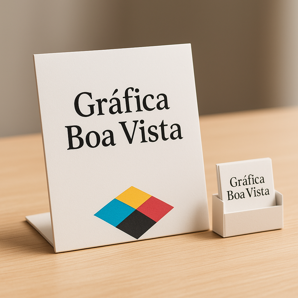 Display de balcão em recepção de clínica, com ambiente limpo e profissional