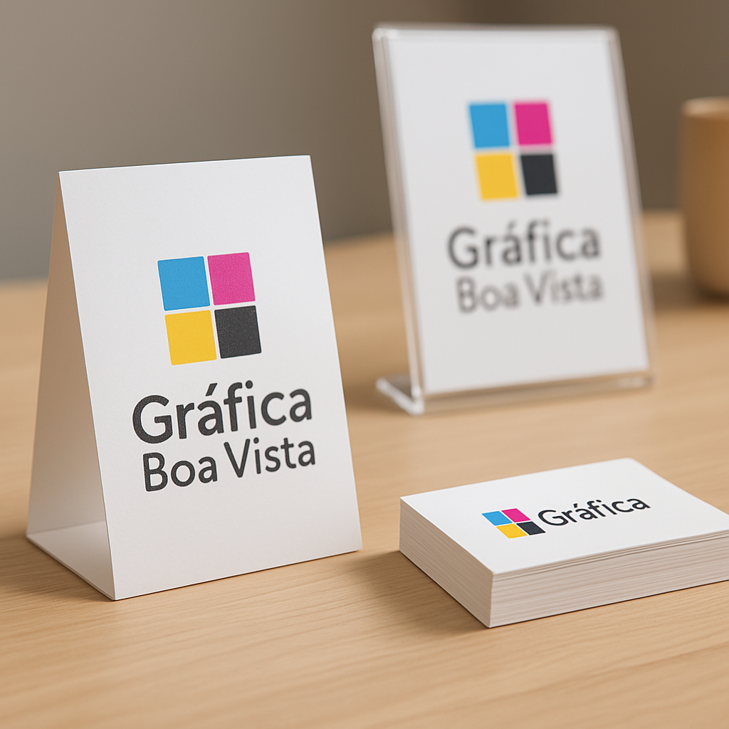 Display de mesa personalizado em recepção de clínica moderna