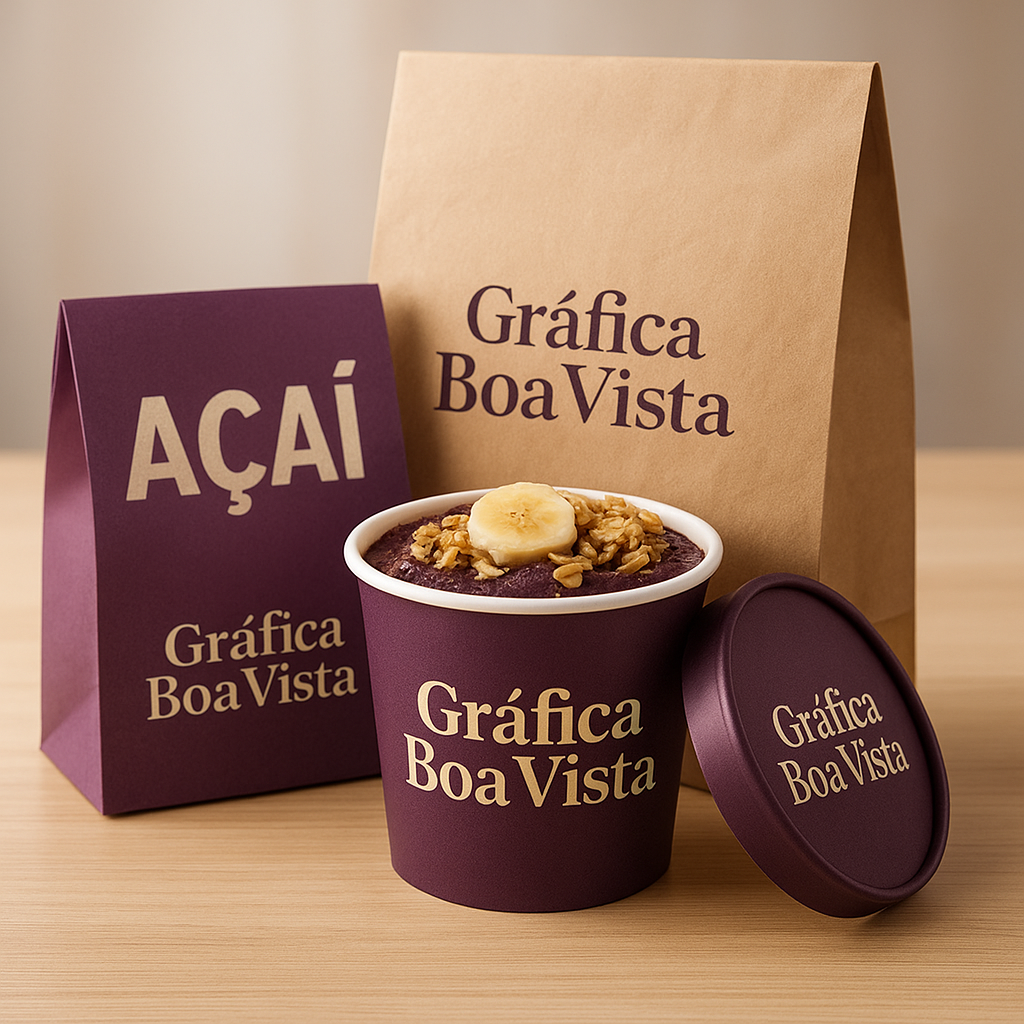 Embalagem personalizada para açaí em destaque, com visual profissional e acabamento comercial
