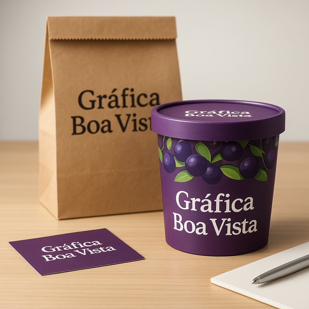 Embalagens para açaí personalizadas em ambiente de gráfica, com visual profissional e destaque para a marca