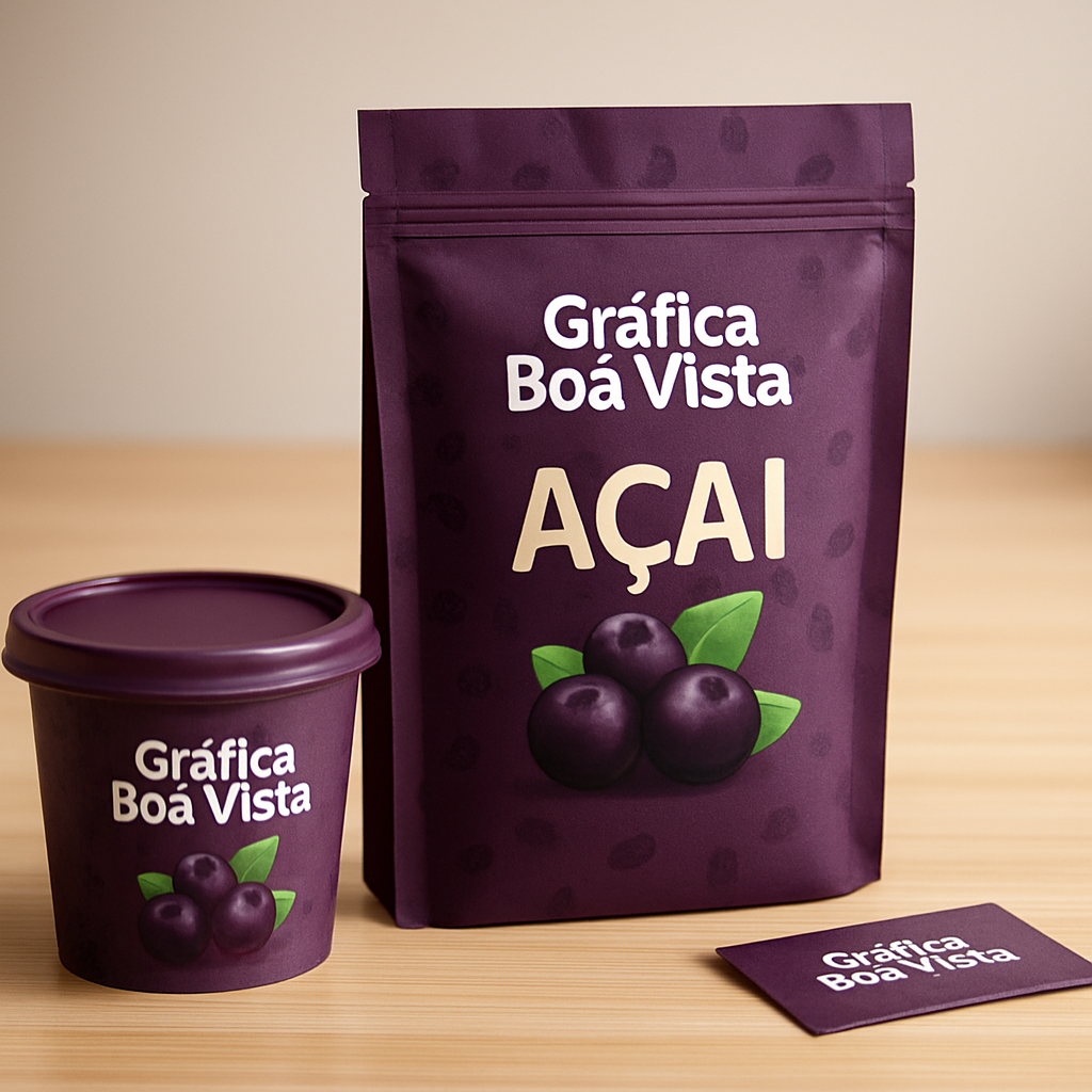 Embalagens para açaí personalizadas em ambiente de gráfica, com visual profissional e destaque para a marca