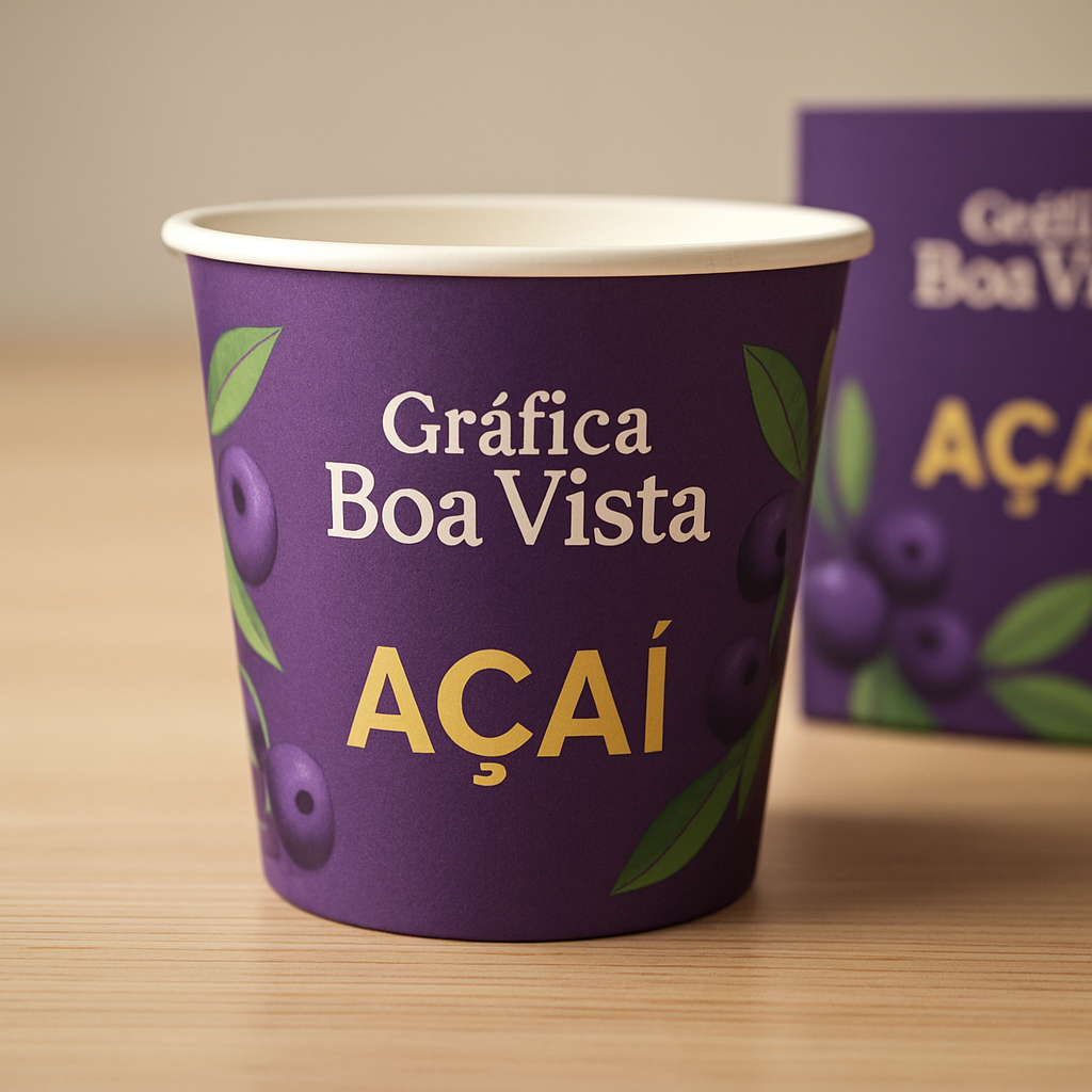 Embalagens para açaí personalizadas em ambiente de gráfica, com visual profissional e destaque para a marca