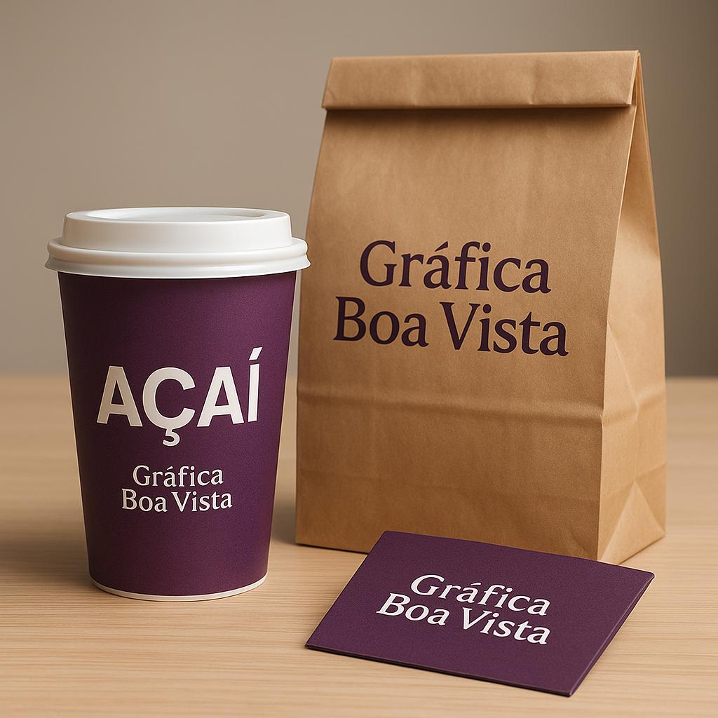 Embalagem personalizada para açaí em ambiente de gráfica, com visual profissional e sem texto na imagem