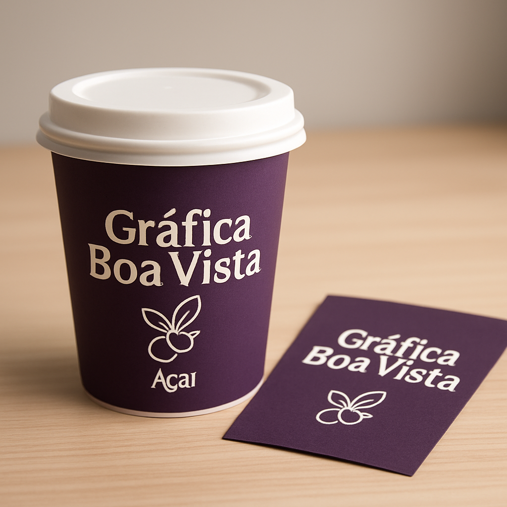 Embalagem personalizada para açaí em ambiente de gráfica, com visual profissional e sem texto na imagem