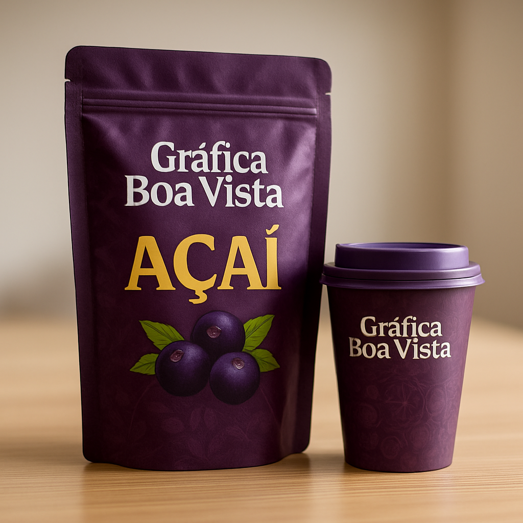 Embalagem personalizada para açaí em ambiente de gráfica, com visual profissional e sem texto na imagem
